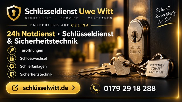 Anzeige: Schlüsseldienst Uwe Witt – 24h Notdienst, Türöffnungen, Schlosswechsel und Sicherheitstechnik. Öffnet schlüsselwitt.de in einem neuen Tab.