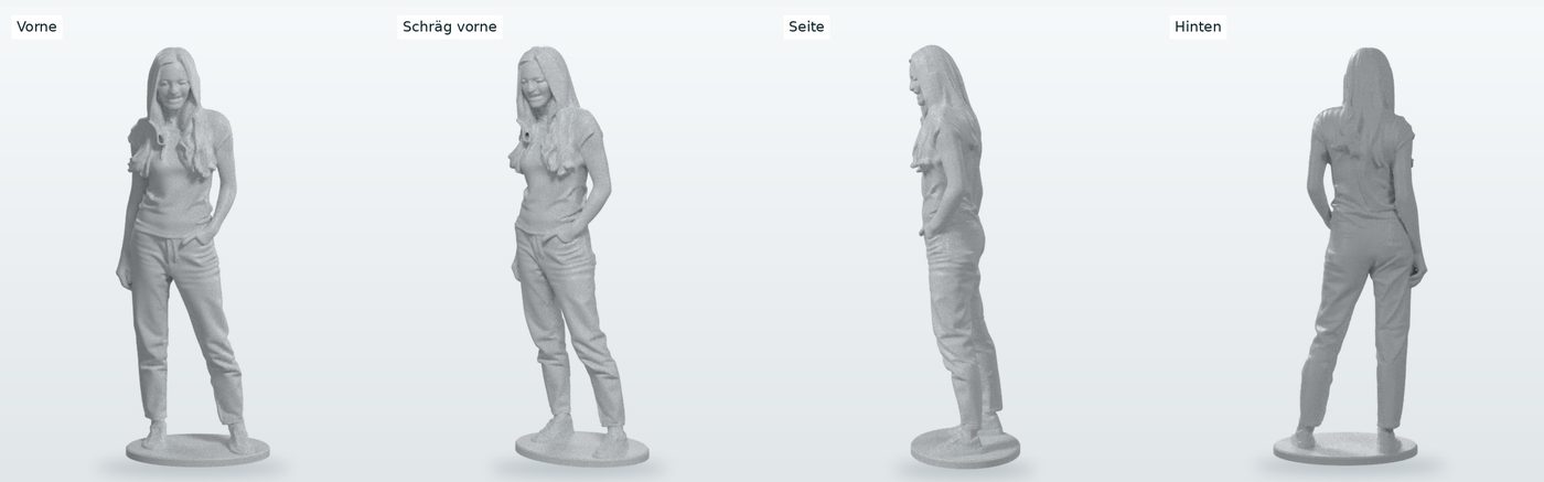 3D-Figur einer stehenden Frau in vier Ansichten mit rundem Sockel