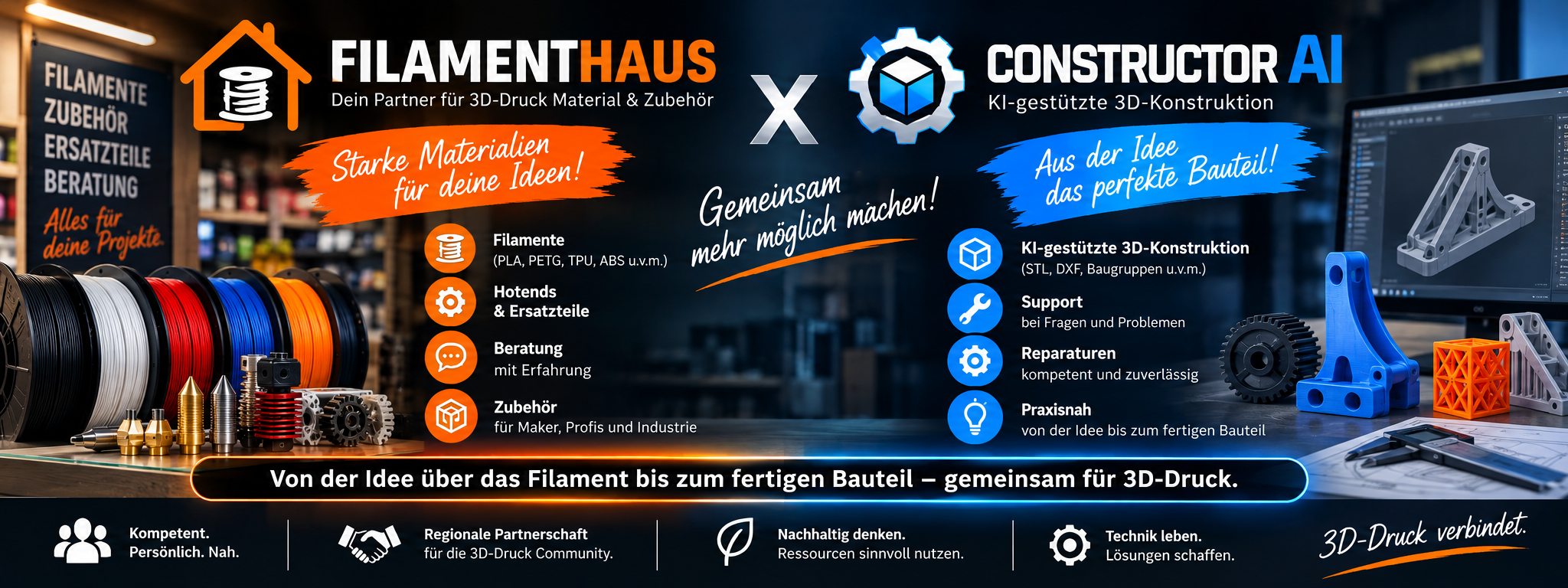 Banner Filamenthaus × Constructor AI: Filamenthaus – Dein Partner für 3D-Druck Material & Zubehör; Constructor AI – KI-gestützte 3D-Konstruktion. Von der Idee über das Filament bis zum fertigen Bauteil – gemeinsam für 3D-Druck.